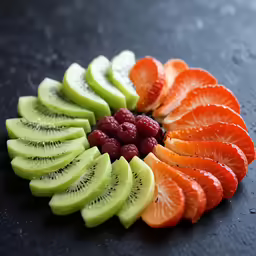sliced oranges, kiwis, and raspberries arranged on a black surface