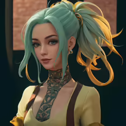 an animated woman wearing green hair with long bangs