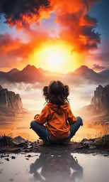 a young girl sitting on the ground in front of a mountain with a sunset