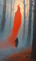 a man wearing a red cloak walking through a forest filled with trees