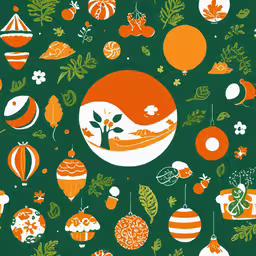 this is an orange and green background with a green backdrop and orange ornaments,an orange and green painting depicting a variety of shapes