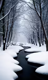 snow covers the ground and a stream running through it
