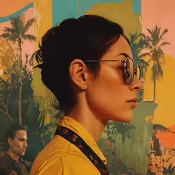 a woman wearing sunglasses stands next to palm trees,the girl in glasses is looking at the wall