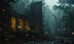 a house lit by candles in the dark woods