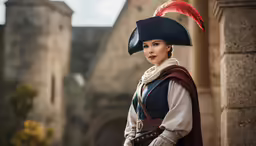 woman in medieval costume standing outside of an old castle