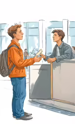 man giving ticket to another person at an airport