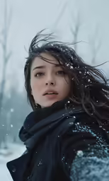 a young woman in the snow, waving her hair