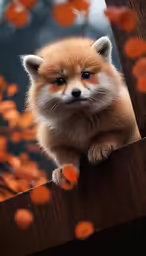 a little fox sits on the edge of a wooden structure