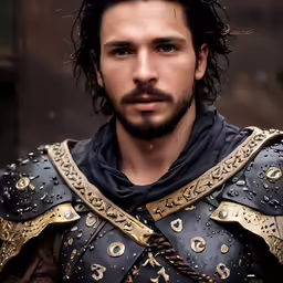 the man in armor has a beard and a moustache
