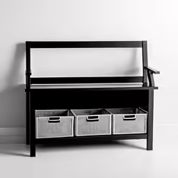 the entryway bench has four baskets for storage