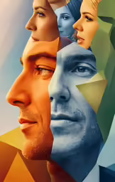 a poster showing the faces of people with their heads in geometric shapes