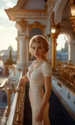 a woman posing on a balcony, in a white dress