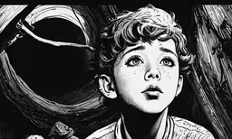 a drawing of a young boy next to a pipe,a boy looks at something in a black and white illustration