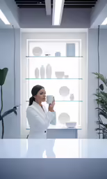 a woman in a white business suit taking a picture of something