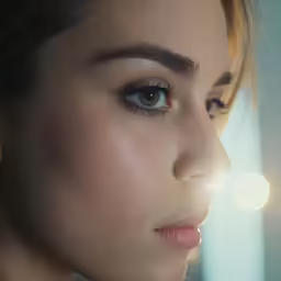 a woman looking to the side with eye makeup and lights in the background