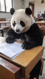 a panda sitting on top of a wooden desk