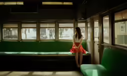 the woman stands at the doorway of an empty waiting area