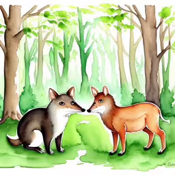 two foxes stand next to each other in a forest,a drawing of two foxes standing in the woods,watercolor drawing of two foxes kissing in the woods,two foxes standing next to each other in the forest,two foxes in a forest looking at each other