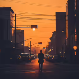 a person is walking down the street at sunset