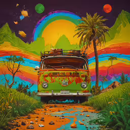 an van sitting on the side of a dirt road,a colorful painting of a vw bus on a dirt road with trees and grass