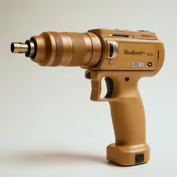 a small orange camera is on a white table