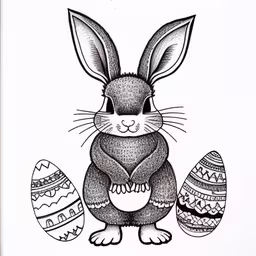 an image of a black and white bunny sitting,the rabbit and three decorated eggs are drawn on a white paper,an ink drawing of a rabbit with some eggs,a drawing of a bunny and two eggs,a drawing of a rabbit and easter eggs