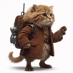a cat is wearing a brown coat, jacket and shoes