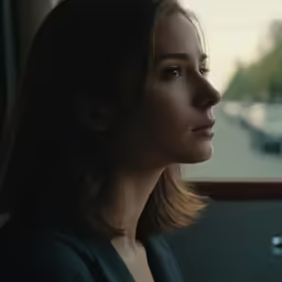 a woman looks out the window while on a bus