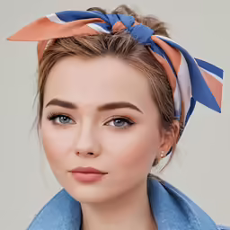 a girl with an orange, white and blue hair bow around her head