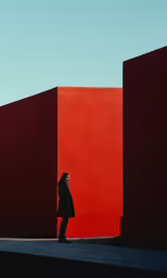 woman walking next to red wall against clear sky