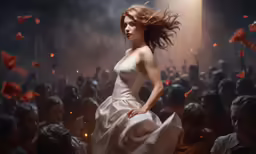 the woman is wearing a dress that has flowers flying around her