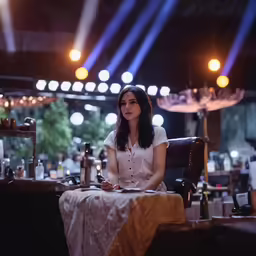 a woman is sitting at a table in a restaurant