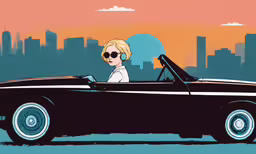 an illustration of a man in a car,woman sitting in a black convertible car wearing headphones