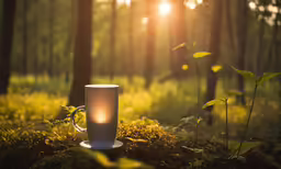 a cup sitting on a plate in the grass