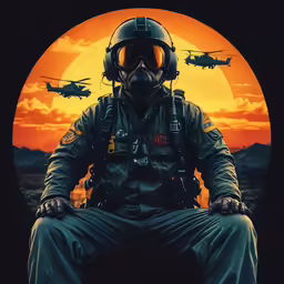 a man wearing military gear sitting in front of an orange sunset