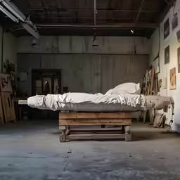 a bed sitting inside of a room next to boxes