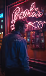 man standing in front of neon sign in city