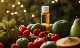 an oil bottle surrounded by various fruit and vegetables