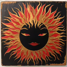 an orange and yellow sun with a red face