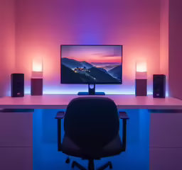 a dimly lit computer desk with a monitor on it