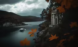 a boat is sitting near the shore on a dark day