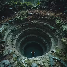a man in the middle of a large hole with water inside