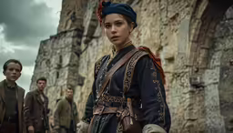 a woman in blue is standing next to men in costume