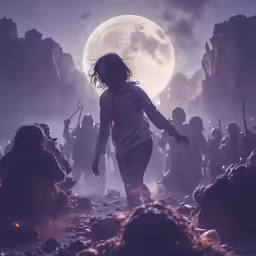 a person standing in the middle of a jungle with full moon in background