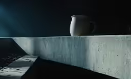 there is a cup sitting on the edge of a wall