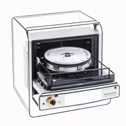 a white and black stove with its glass oven cover