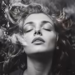 a woman in black and white has her eyes closed