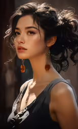 a woman with large earrings in a black dress