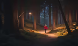 a young woman is standing in the dark, in front of tall trees