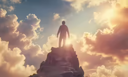there is a man standing on top of a mountain and sky